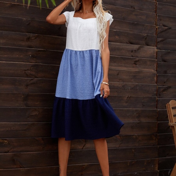 Boho Color Block Green Ruffle Sleeve Midi Dress - Picture 6 of 9